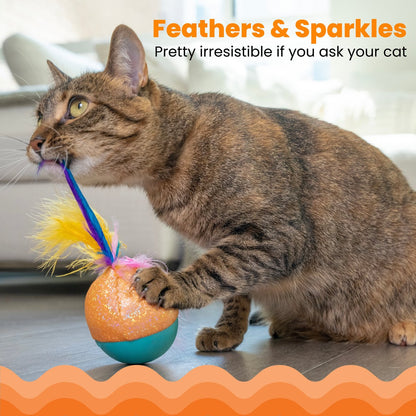 Catstages Whack N’ Wobble Ball cat toy with feathers and sparkle fabric