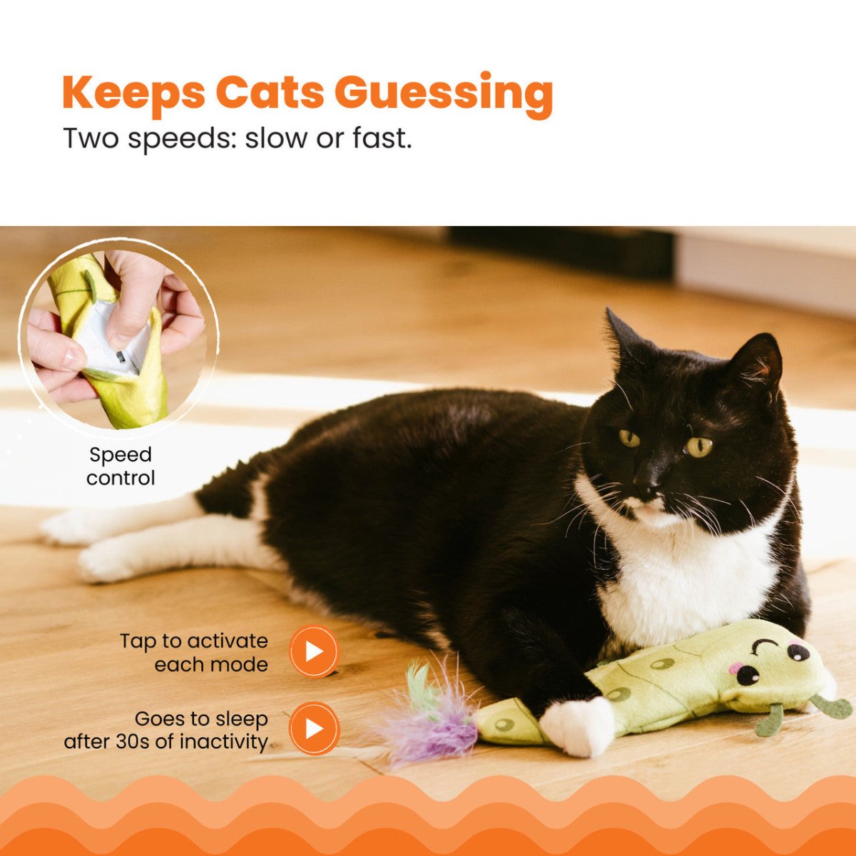 Catstages Wiggle Worm electronic cat toy with slow and fast speed settings plus sleep mode after inactivity.
