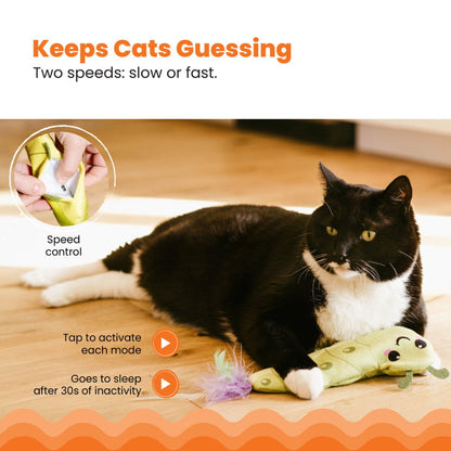 Catstages Wiggle Worm electronic cat toy with slow and fast speed settings plus sleep mode after inactivity.