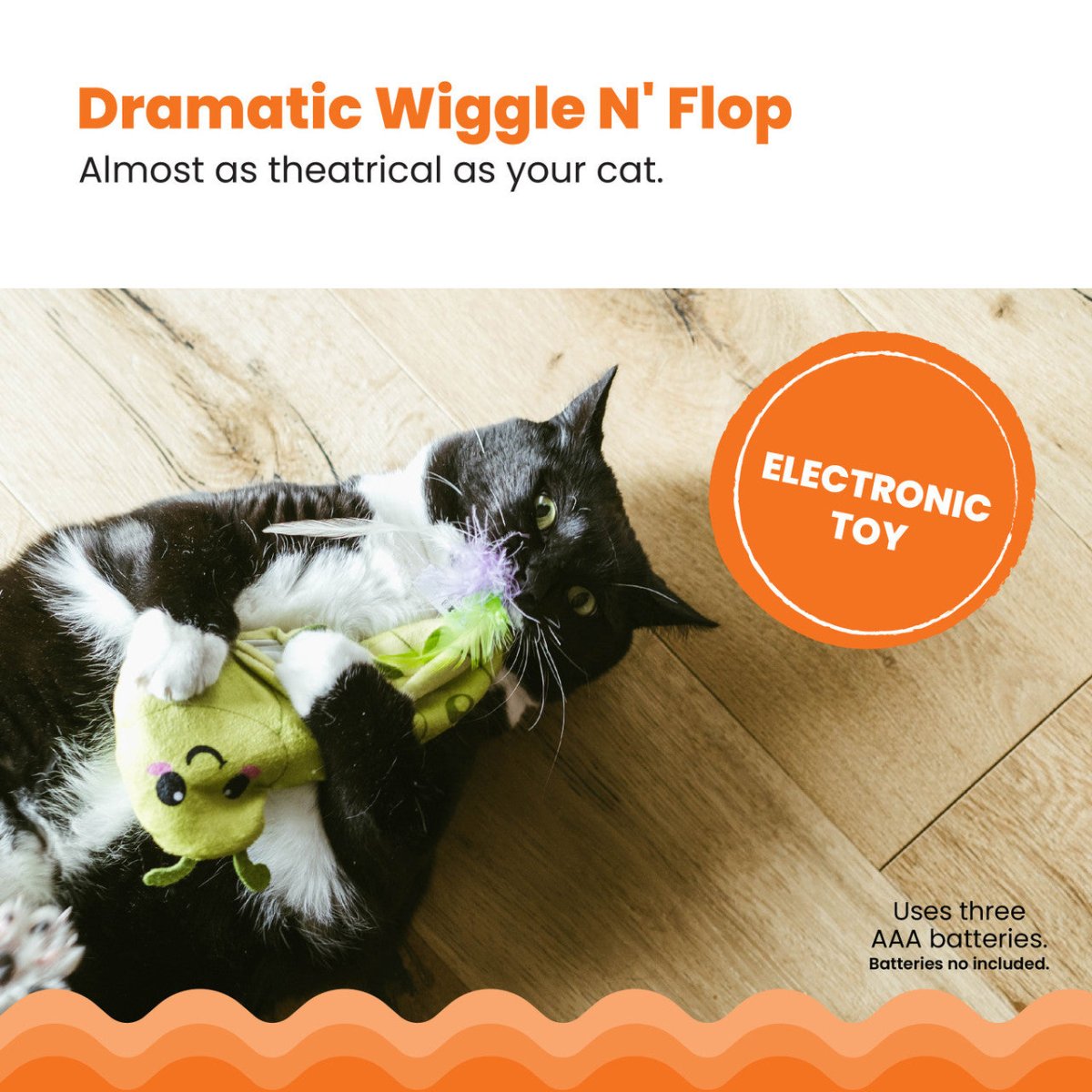 Catstages Wiggle Worm electronic cat toy uses three AAA batteries and has dramatic flopping movement for cats.