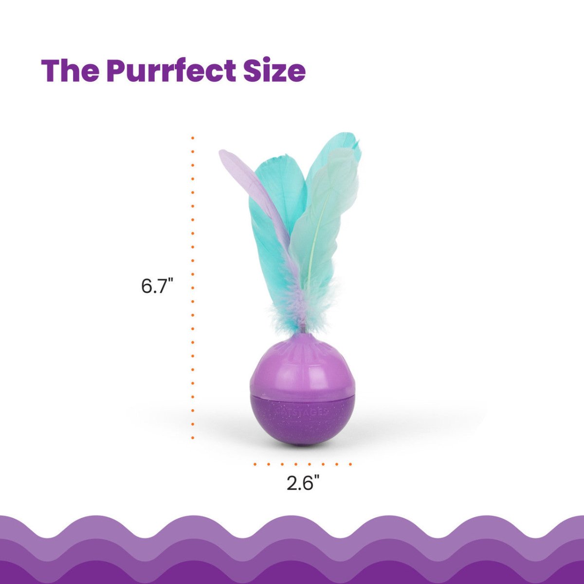 Size guide for Catstages Wobble N' Treat cat toy showing treat stuffer dimensions