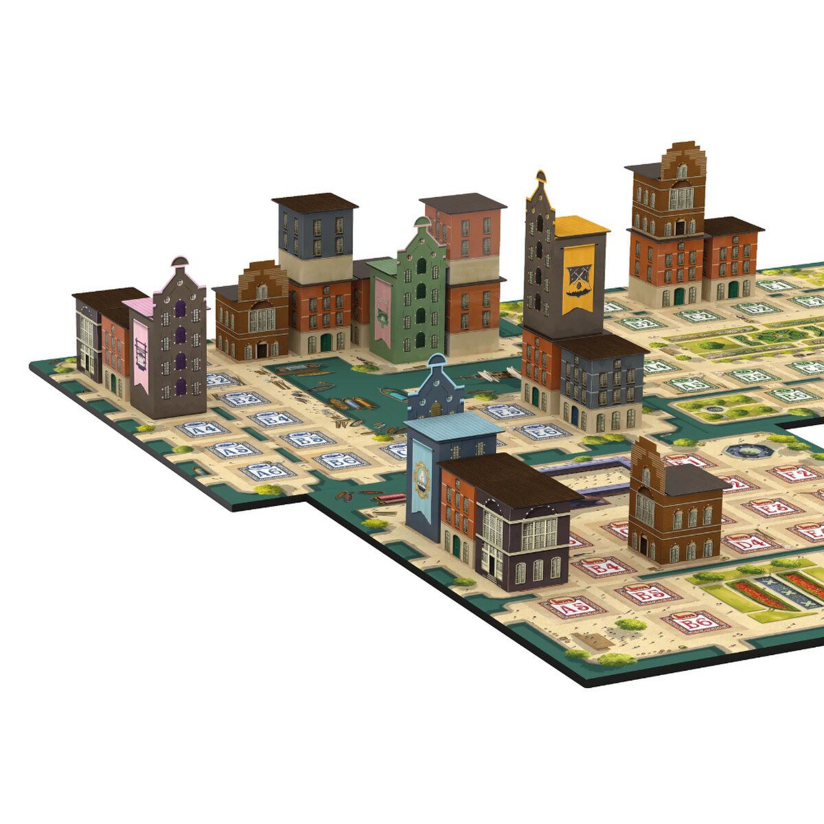 Chartered Building Amsterdam modular game boards with warehouses and company buildings across the city