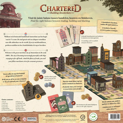 Chartered Building Amsterdam gameplay overview showing modular boards, company buildings, stocks and money tokens