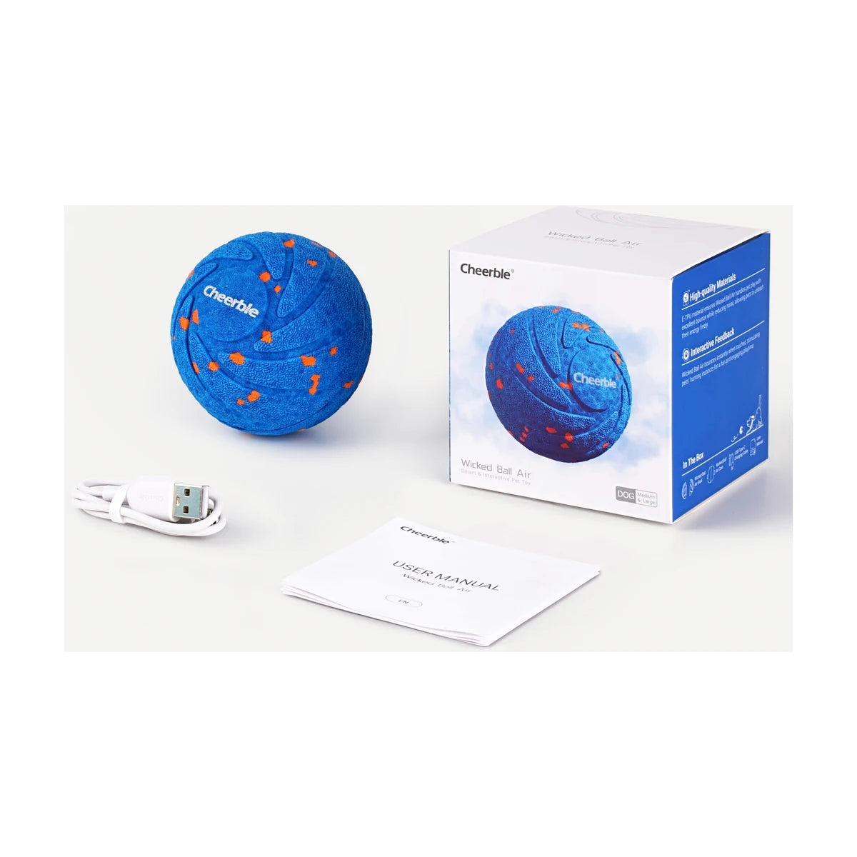 Cheerble Wicked Ball AIR box contents with blue ball USB C cable and user manual