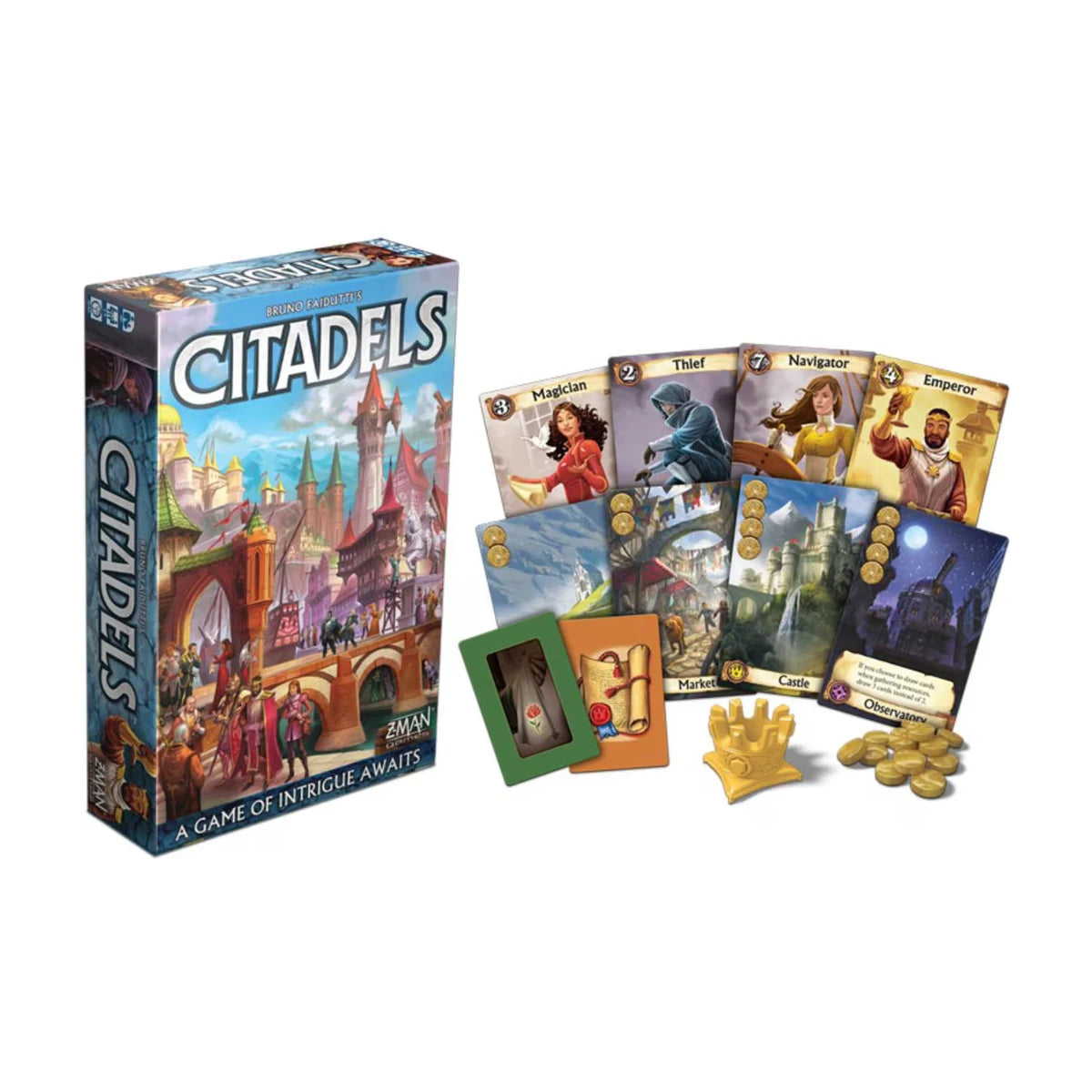 Citadels Revised Edition box with character cards district cards crown and gold coins