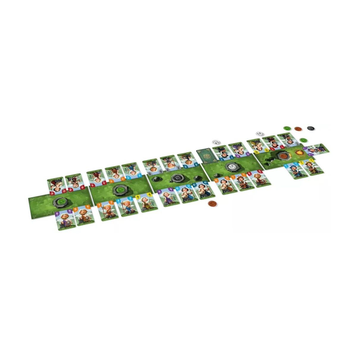 Clans and Glory card game layout with meeting place tableaus cards and wooden shields