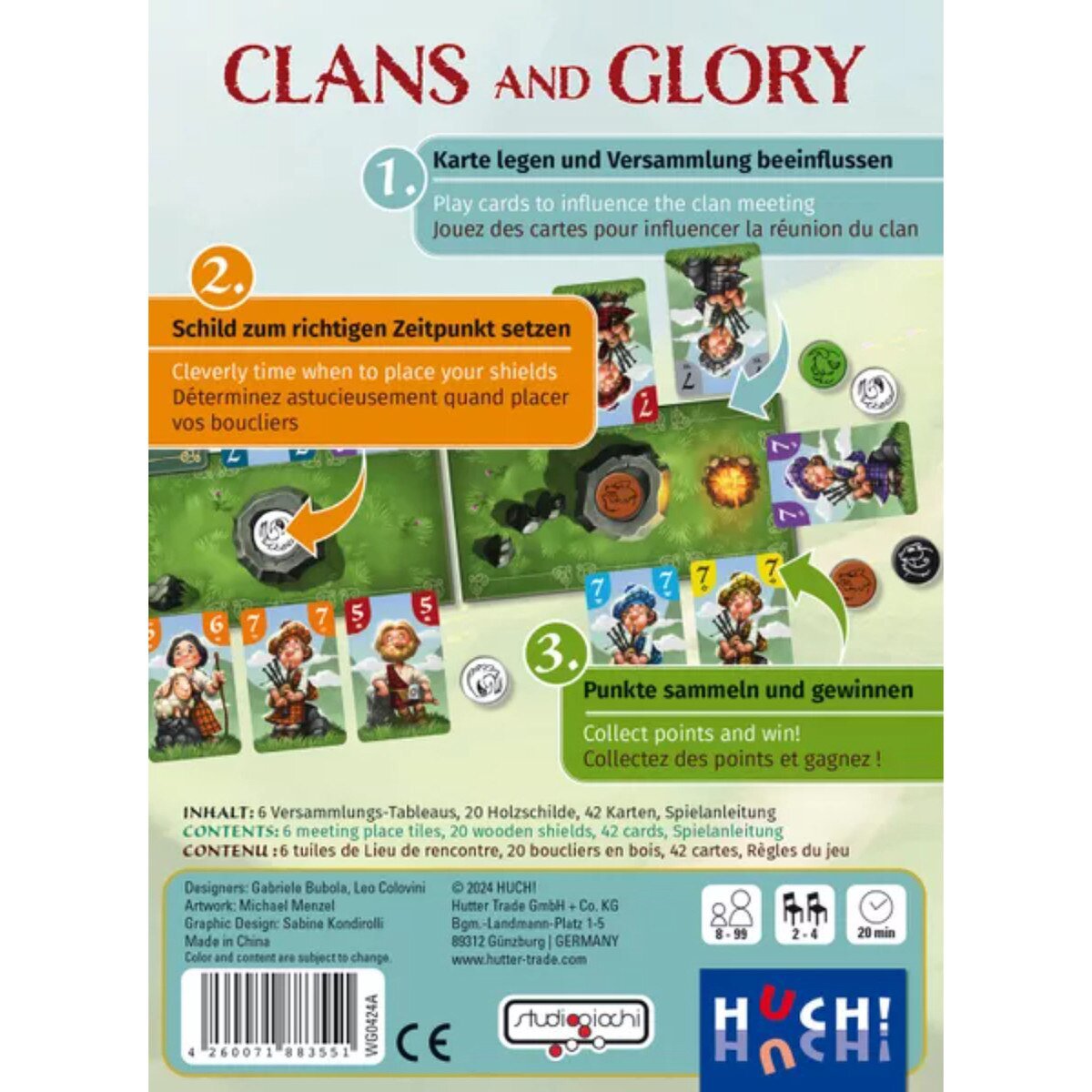 Clans and Glory back box gameplay overview showing card placement shield timing and scoring