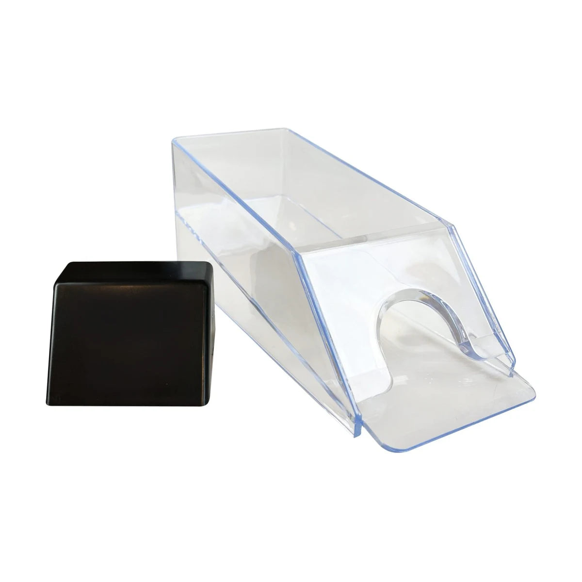 Clear playing card dealer shoe with removable black card pusher shown beside the holder
