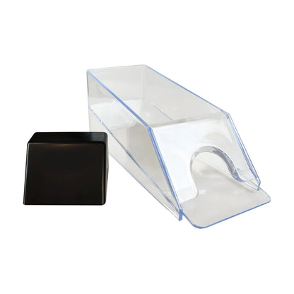 Clear playing card dealer shoe with removable black card pusher shown beside the holder