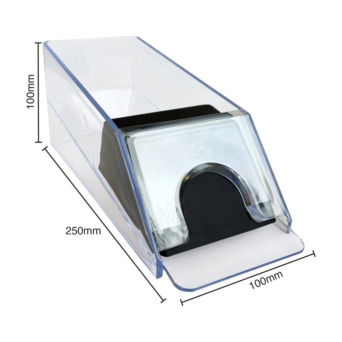 Clear playing card dealer shoe dimensions showing 25 cm length, 10 cm width and 10 cm height