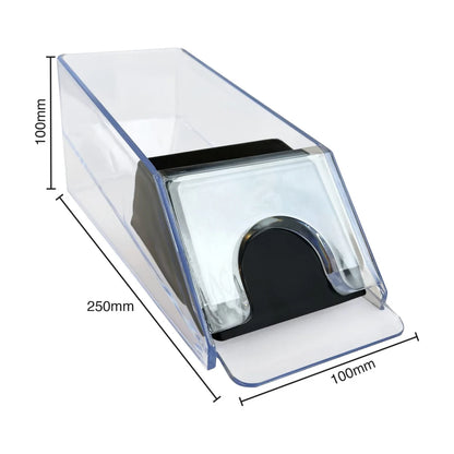 Clear playing card dealer shoe dimensions showing 25 cm length, 10 cm width and 10 cm height