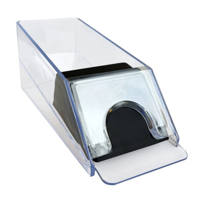 Clear playing card dealer shoe with black card pusher shown from the front