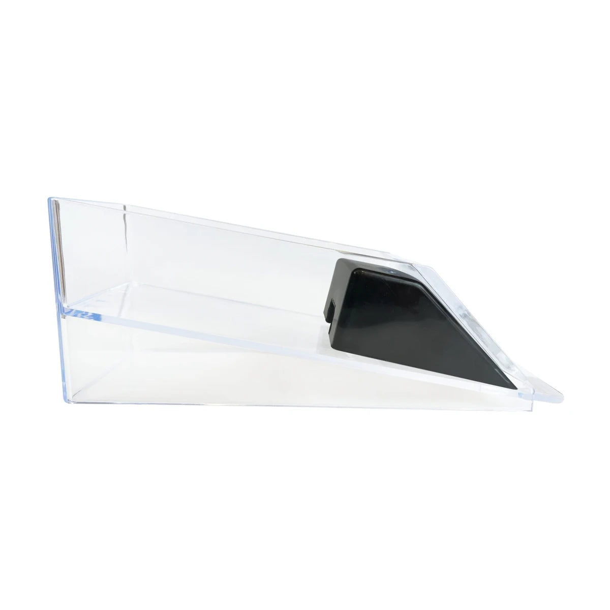 Side view of clear playing card dealer shoe showing angled card holder design