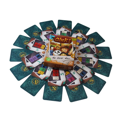Click! The Great Wall Card Game box surrounded by wall, composition and action cards