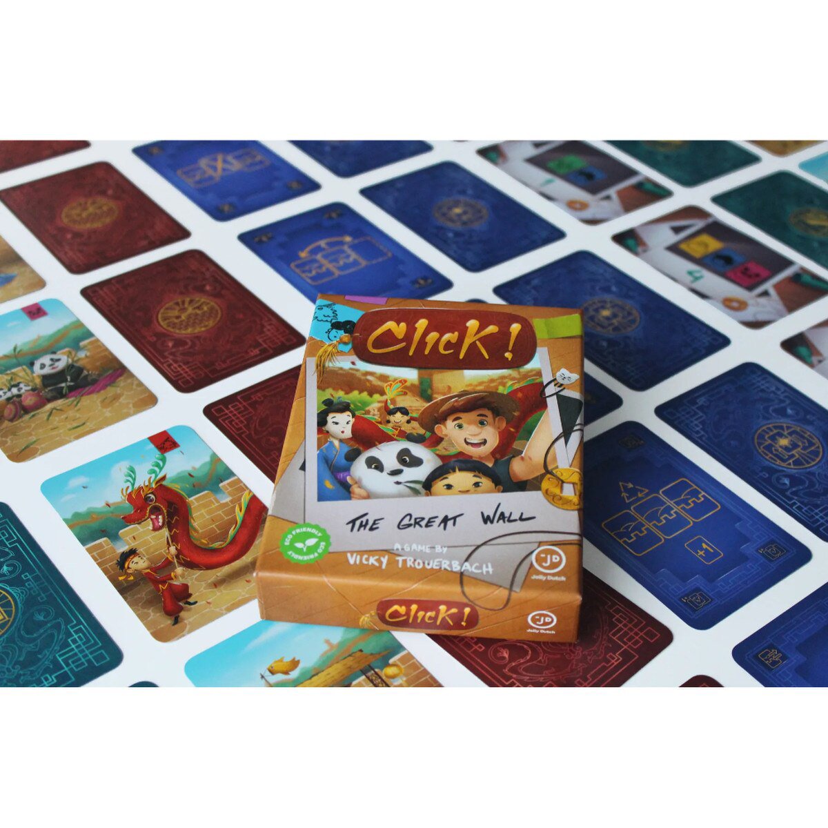Click! The Great Wall Card Game box displayed among colourful wall, action and composition cards