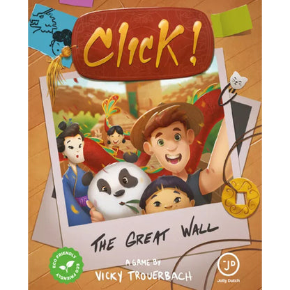 Click! The Great Wall Card Game cover artwork showing tourists taking a photo with a panda at the Great Wall