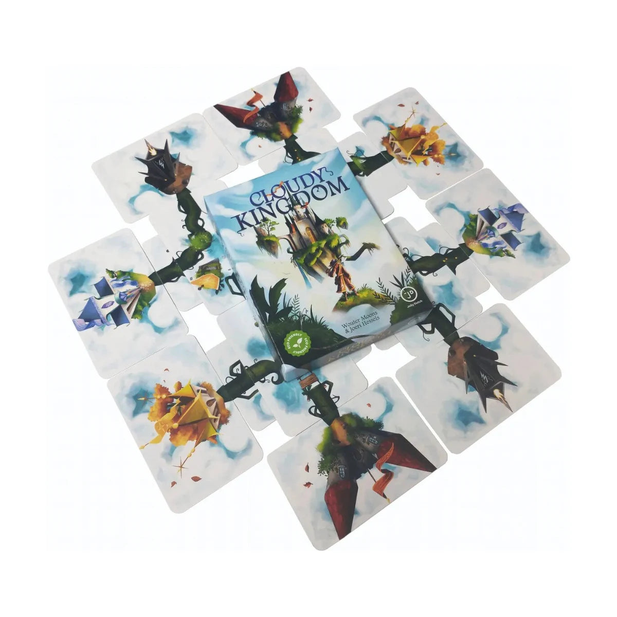 Cloudy Kingdom Card Game box displayed with Route and Castle cards forming a beanstalk network