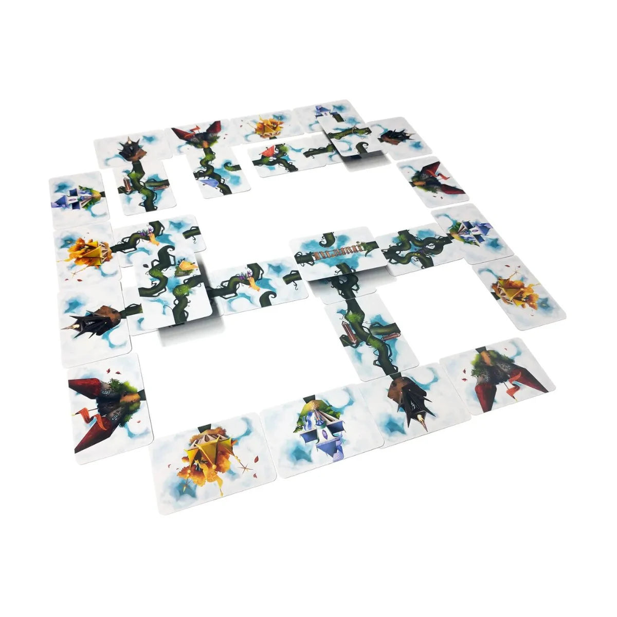 Cloudy Kingdom Card Game Route cards arranged into connected beanstalk paths between castle cards