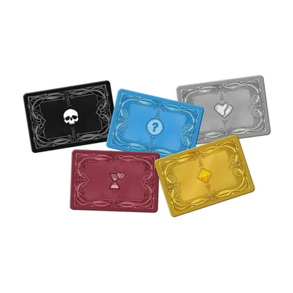 Codenames Critical Role Adventures covering tiles in black, blue, silver, red and yellow with different game symbols