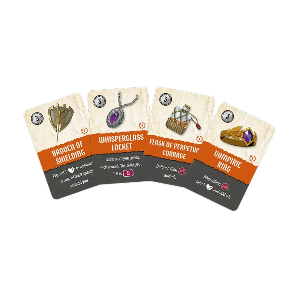 Codenames Critical Role Adventures item cards including Brooch of Shielding, Whisperglass Locket and Vampiric Ring
