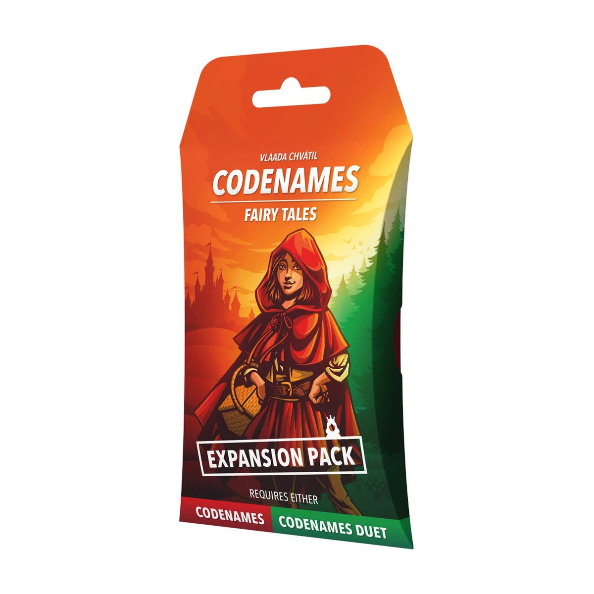 Codenames Fairy Tales Expansion Pack shown at an angle with red, orange and green packaging