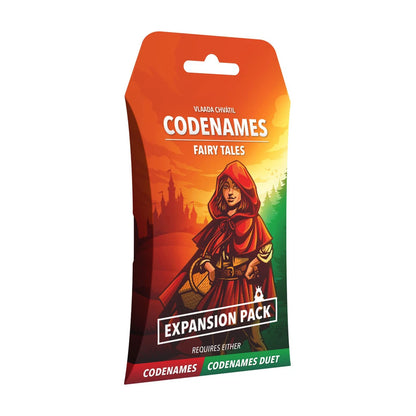 Codenames Fairy Tales Expansion Pack front featuring a red-hooded fairy-tale character