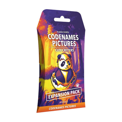 Codenames Pictures Cute Critters Expansion Pack shown at an angle with panda and forest artwork