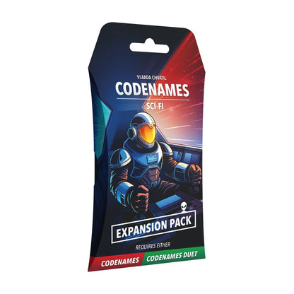 Codenames Sci-Fi Expansion Pack shown at an angle with blue, red and black space-themed artwork