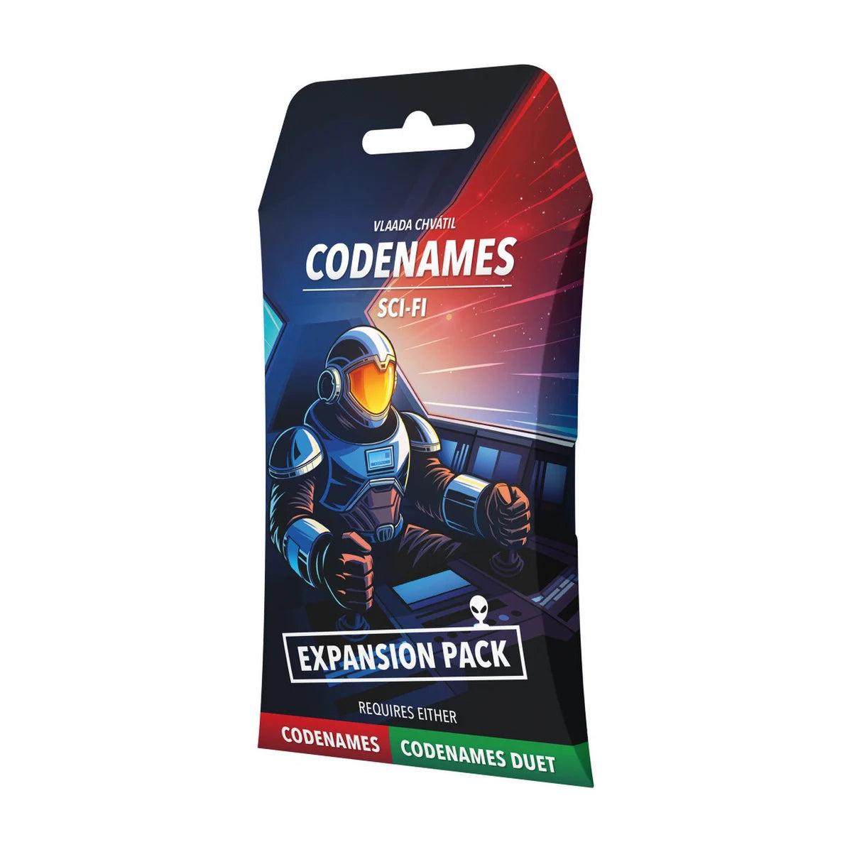 Codenames Sci-Fi Expansion Pack front featuring an astronaut in a spacecraft