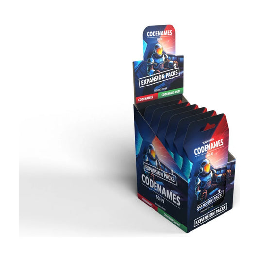 Codenames Sci-Fi Expansion Pack retail display containing multiple science-fiction themed expansion packs