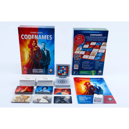 Codenames 2.0 card game components including word cards tiles and stand