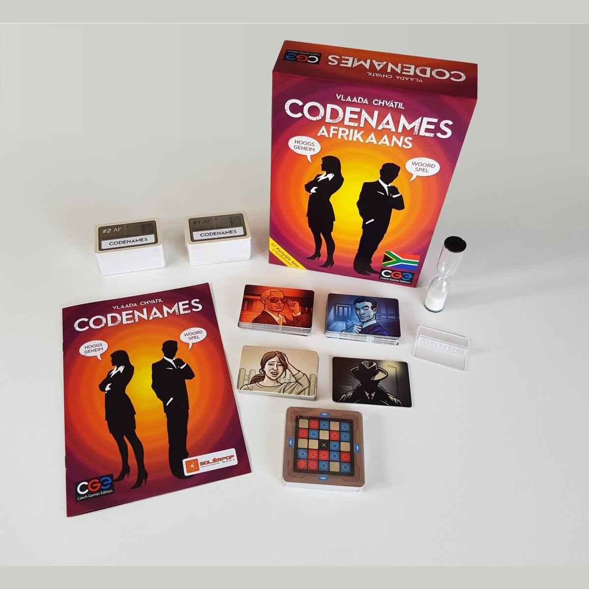 Codenames Afrikaans word game contents with cards timer and stand