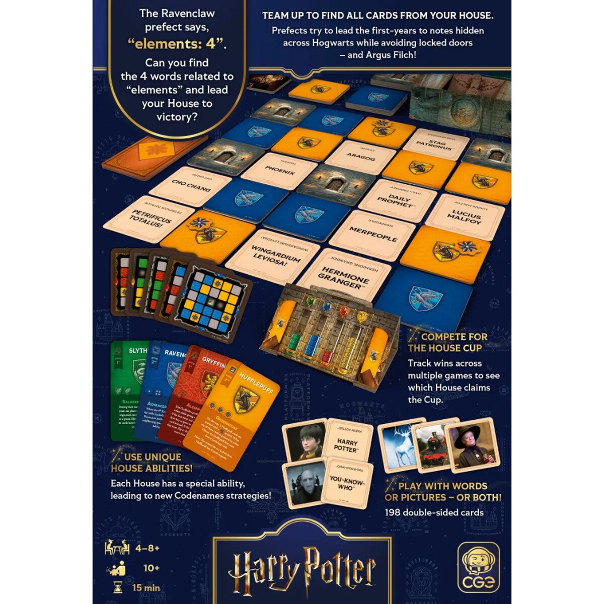 Codenames Back to Hogwarts card game back of box showing gameplay and contents