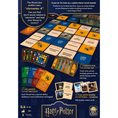 Codenames Back to Hogwarts card game back of box showing gameplay and contents