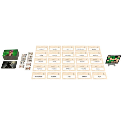 Codenames Duet 2.0 cooperative card game setup with word cards tiles and key stand
