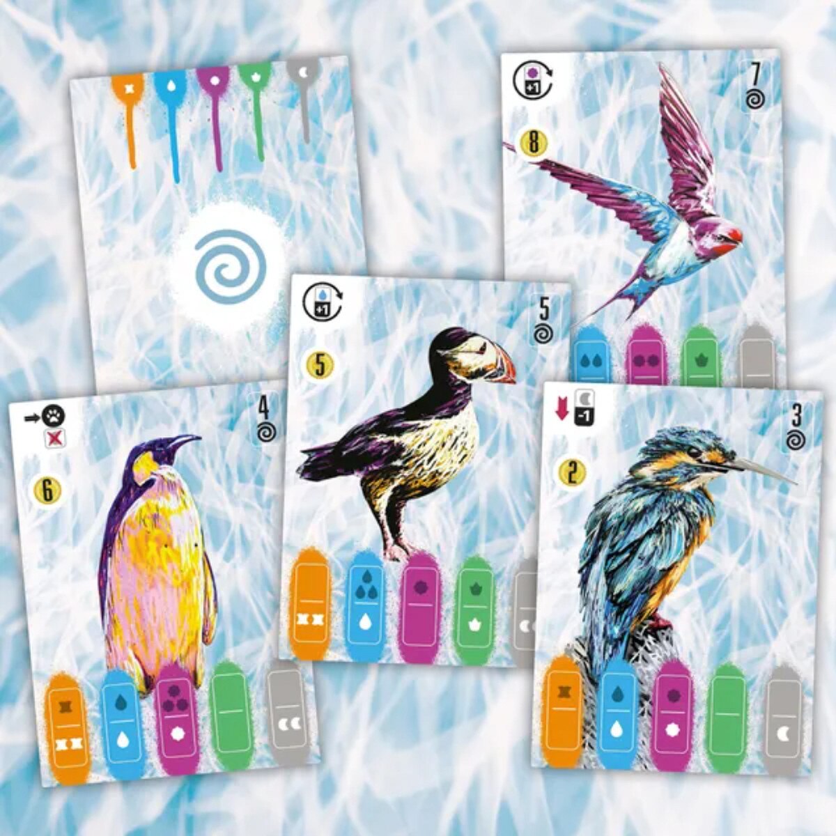 Coexist animal conservation board game bird cards with penguin puffin kingfisher and swallow artwork