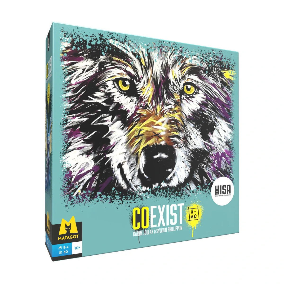 Coexist nature and animal conservation strategy board game box front with wolf artwork