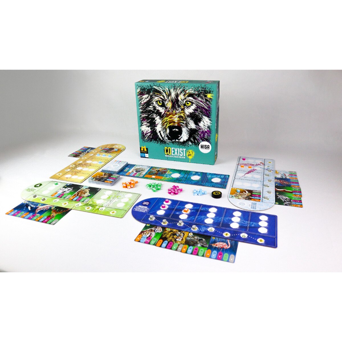 Coexist nature board game setup with conservation boards cards tokens and box