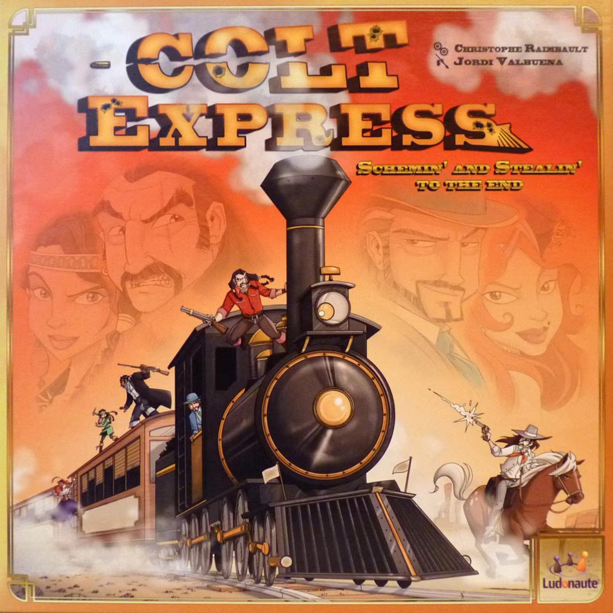 Colt Express board game box featuring an Old West steam train and bandit characters