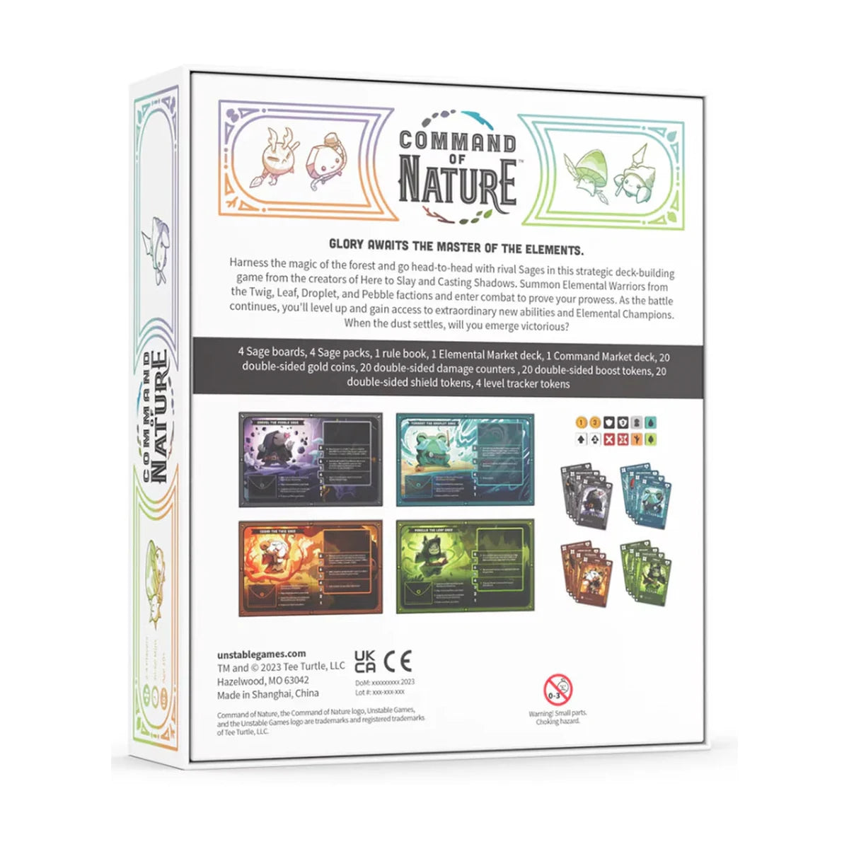 Command of Nature game box back showing four Sage boards, faction cards and included components