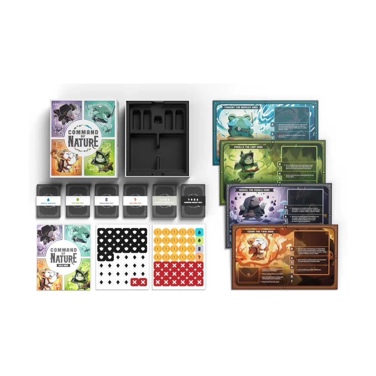 Command of Nature components showing four Sage boards, card decks, tokens, rulebook and storage tray