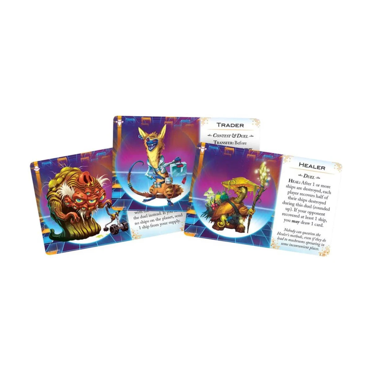 Cosmic Encounter Duel alien ability cards featuring colourful characters including Trader and Healer
