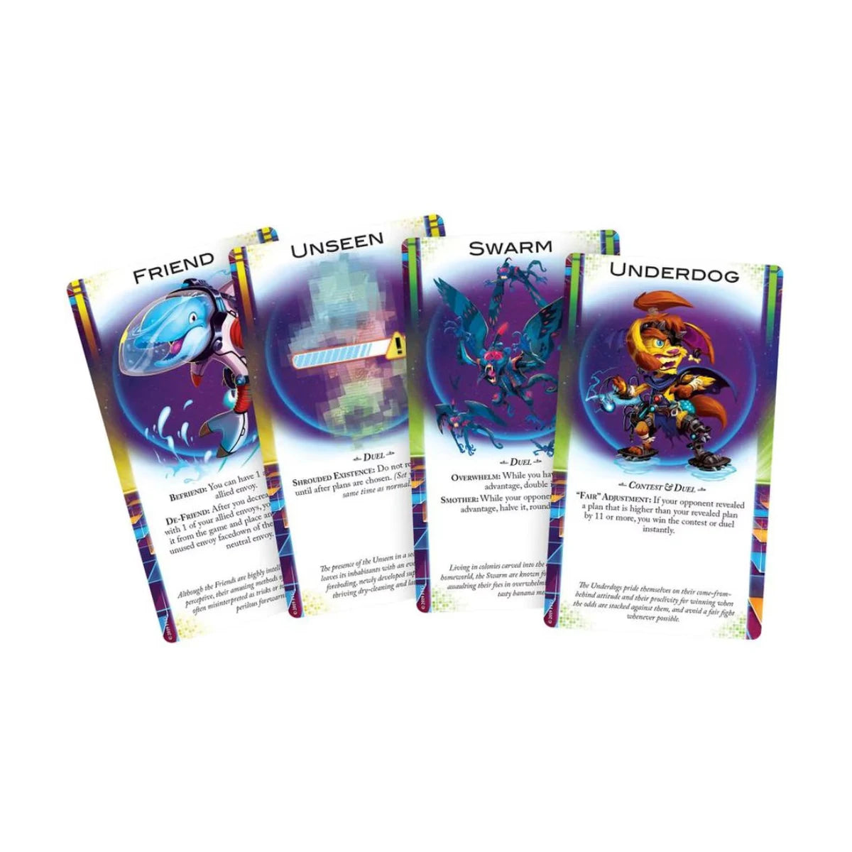 Cosmic Encounter Duel alien cards including Friend Unseen Swarm and Underdog