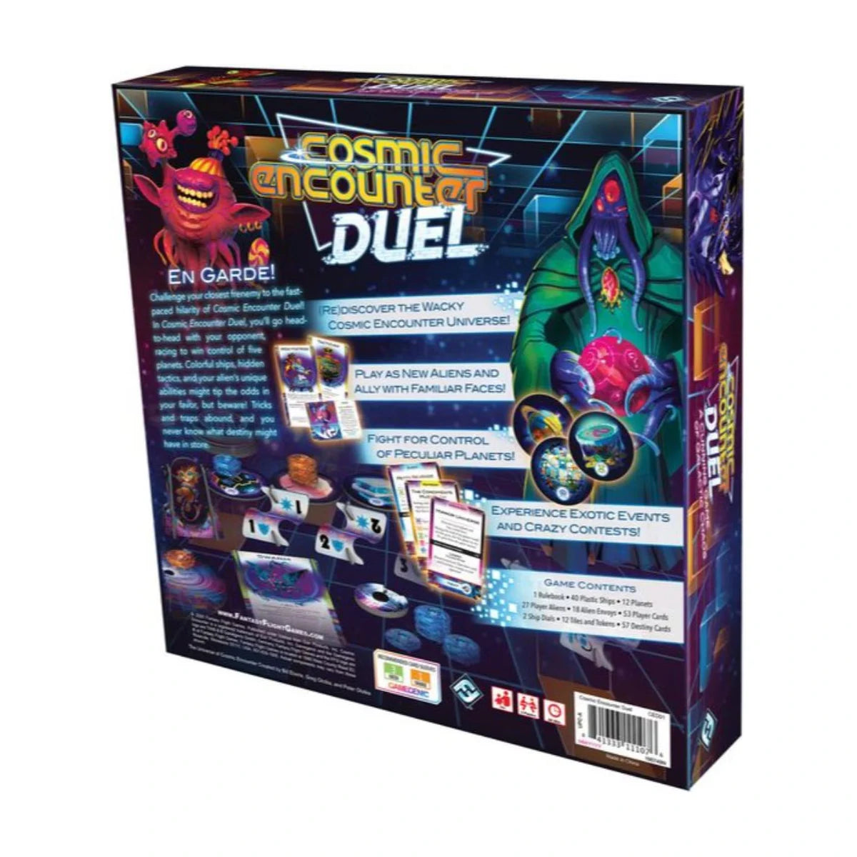 Cosmic Encounter Duel board game box back showing gameplay features components and game contents