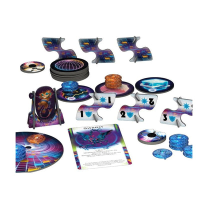 Cosmic Encounter Duel game components with planet tiles ships tactics tokens alien card and ship dials