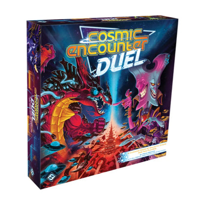 Cosmic Encounter Duel two-player board game box featuring colourful alien rivals in a galactic showdown