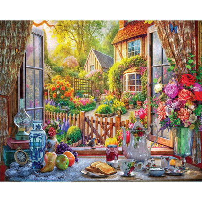 Completed Country Breakfast 1500pc jigsaw puzzle artwork showing breakfast table, flowers, cottage garden and countryside view