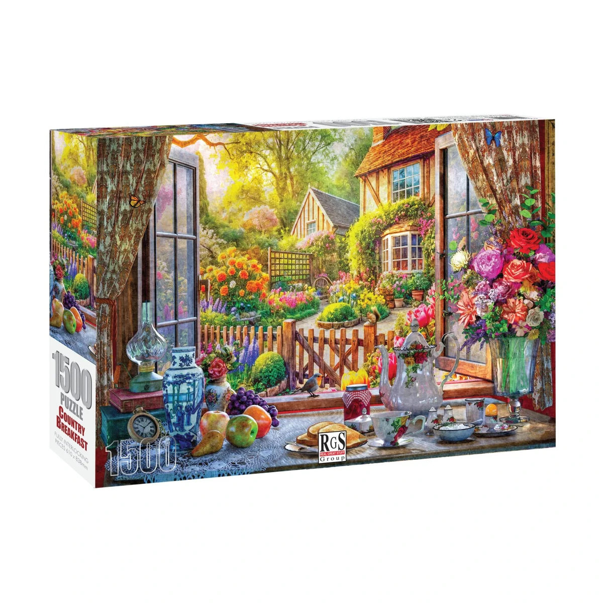 Country Breakfast 1500pc jigsaw puzzle box showing cottage garden breakfast scene with flowers and open windows