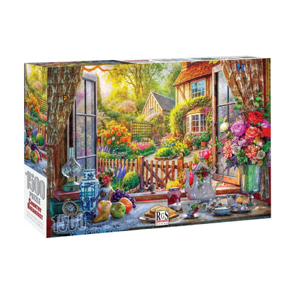 Country Breakfast 1500pc jigsaw puzzle box showing cottage garden breakfast scene with flowers and open windows
