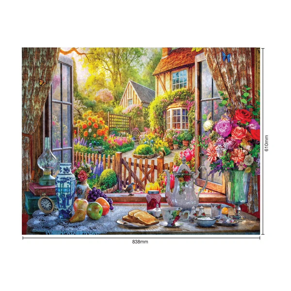 Country Breakfast 1500pc jigsaw puzzle size guide showing finished size 838 by 610 mm